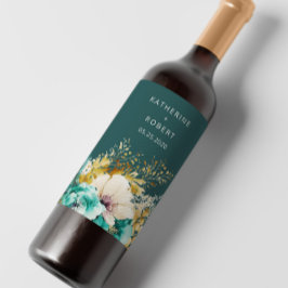 Teal Guld Luxurious Blommigt Bröllop Vin Vinflaska Etikett
