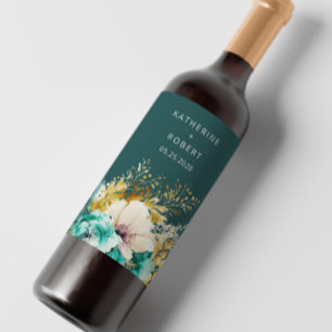 Teal Guld Luxurious Blommigt Bröllop Vin Vinflaska Etikett