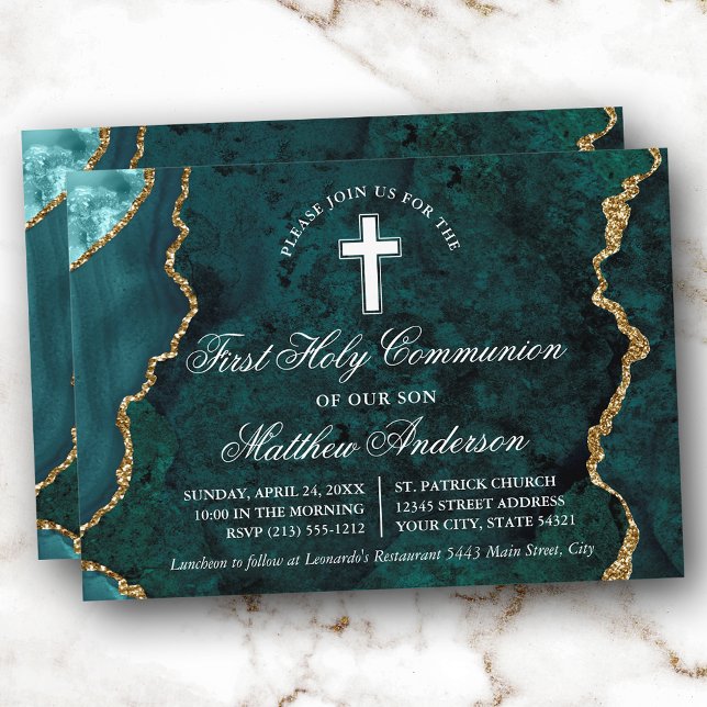 Teal Guld Marble Agate Geode First Communion Inbjudningar (Customize to change text size, text style or to add more text to back of card.)