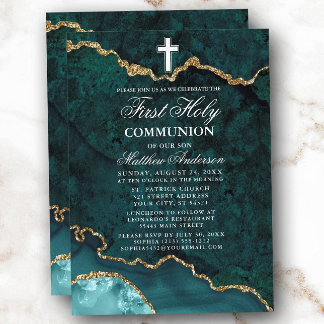 Teal Guld Marble Agate Geode First Heliga Communio Inbjudningar (Customize to change text size, style or to add more text or photos to back of card.)