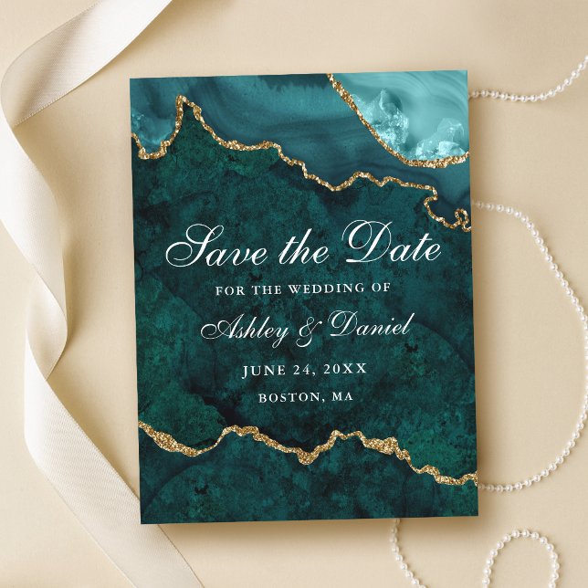 Teal Guld marble Agate Geode Save Date Meddelande Vykort (Customize to change text size or text style.)