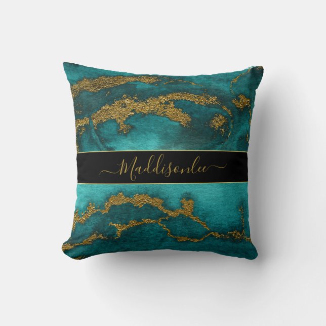 Teal Guld Marble Agate Monogram Namn Anpassningsba Kudde (Framsida)