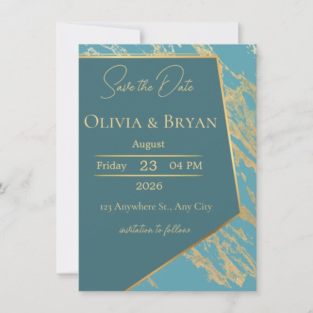 Teal & Guld Marble Save Date Card | Elegant Mo (Framsida)