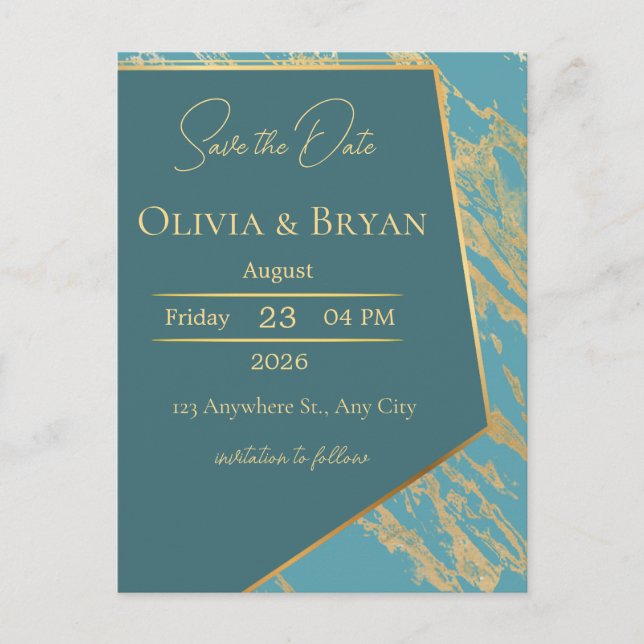 Teal & Guld Marble Save Date Card | Elegant Mo Vykort (Framsida)