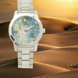 Teal Guld Marble Watch - Oversized Silver Bracelet Armbandsur