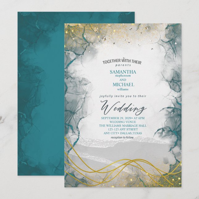 Teal Guld Marmor Bröllopsinbjudan Inbjudningar (Fram/baksida)
