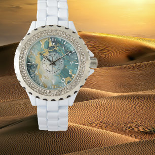 Teal & Guld Marmor Stjärnsten Ur – Vit Emalj Armbandsur