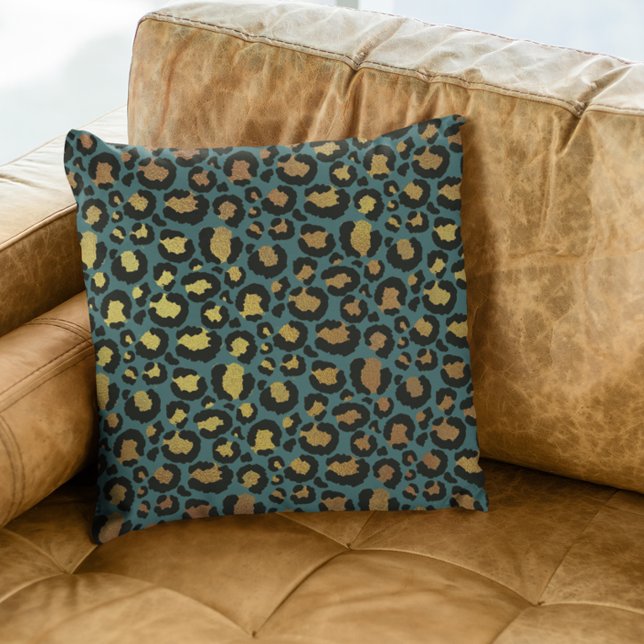 Teal Guld Metallic Foil Glam Leopard Päls Spots Kudde (Skapare uppladdad)