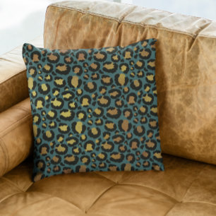 Teal Guld Metallisk Folie Glam Leopardpälsfläckar Kudde