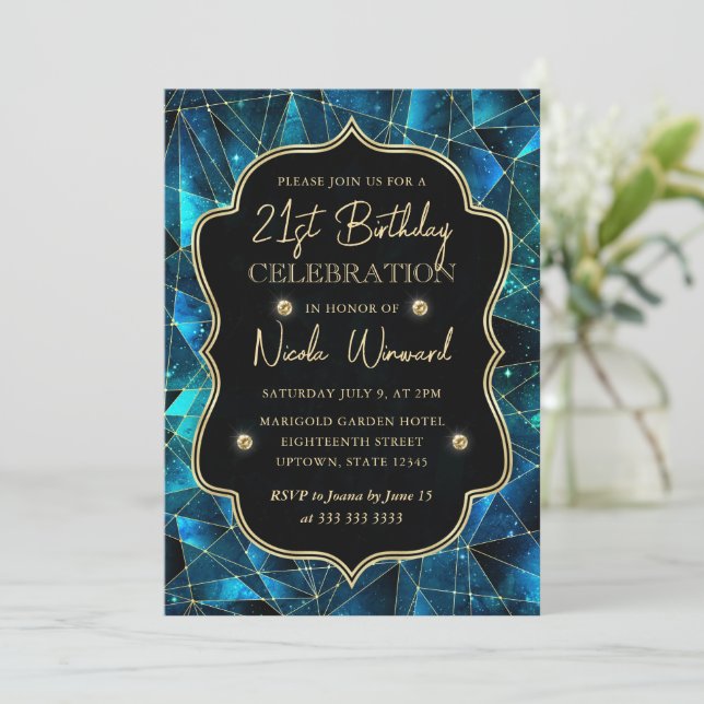 Teal & Guld Midnatt Kristall Galaxy 21-årsdag Inbjudningar (Stående Fram)