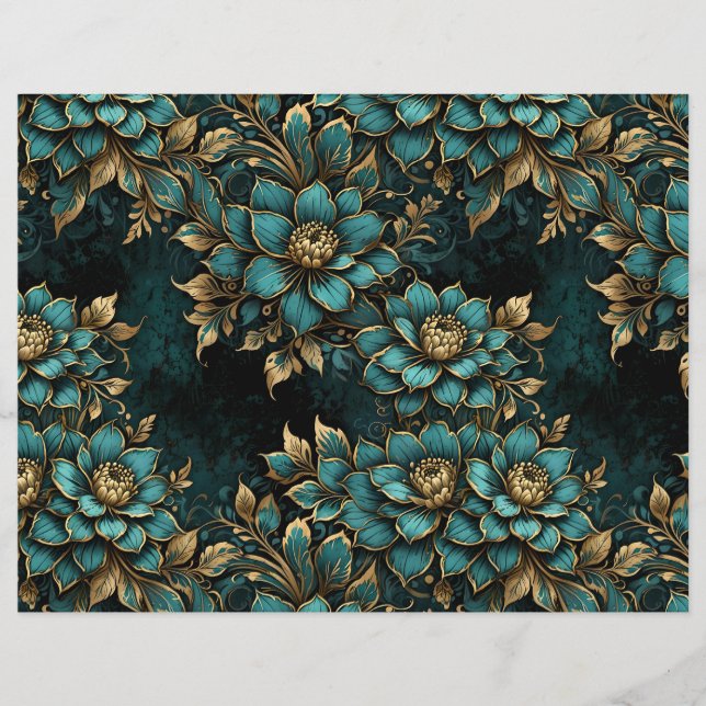 Teal & Guld Mörk Grunge Flowers (Framsida)