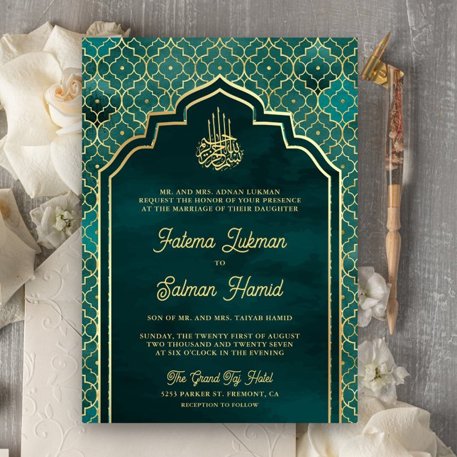 Teal Guld Moroccan Arch Muslim Bröllop Inbjudningar (Skapare uppladdad)