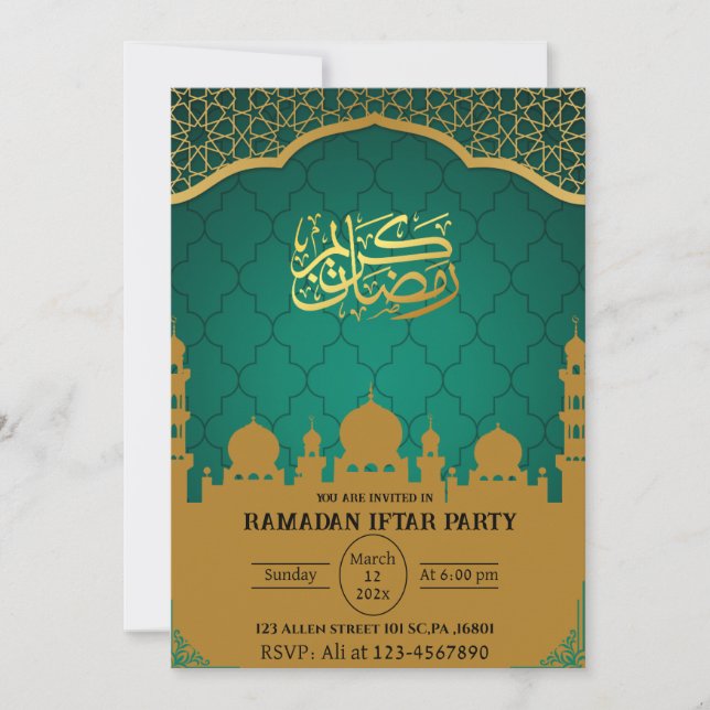 Teal & Guld Muslim Islamic Ramadan Iftar Party Inbjudningar (Framsida)