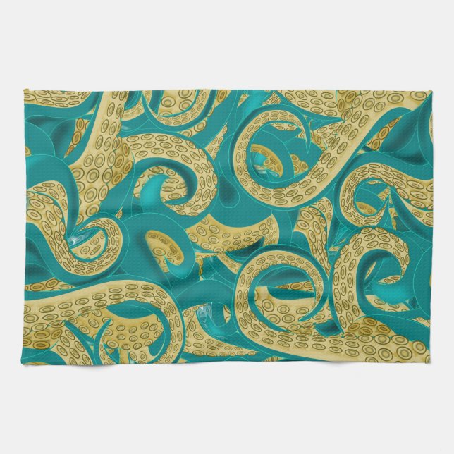 Teal Guld Octopus Kitchen Towel Kökshandduk (Horisontell)
