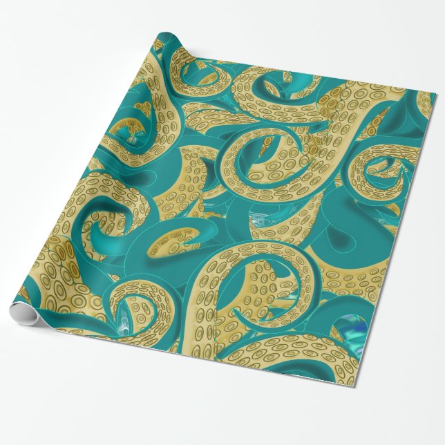 Teal Guld Octopus Wrapping Papper Presentpapper (Utrullad)