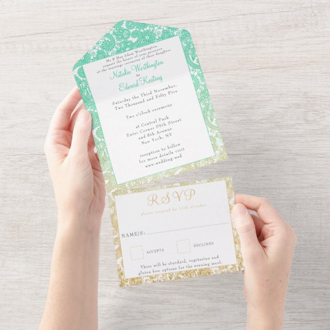 Teal Guld Ombre Paisley Henna Bröllop OSA (Avrivbar del)