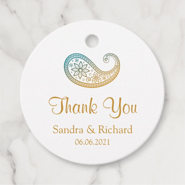 Teal & Guld Paisley Indian Bröllop Tack Gåvor Etiketter (Framsida)