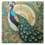 Teal Guld Peacock Bird Art nouveau Art Deco Kakelplatta<br><div class="desc">"art nouveau-plockfågel",  "art deco vintage antique",  "guld-turkos och teal",  "vibrant mörk blått grönt",  "snyggt glamous peacocks-fjäthers",  "exotisk fjäder av klass",  "vackert djur",  "stil av gustav klimt", </div>