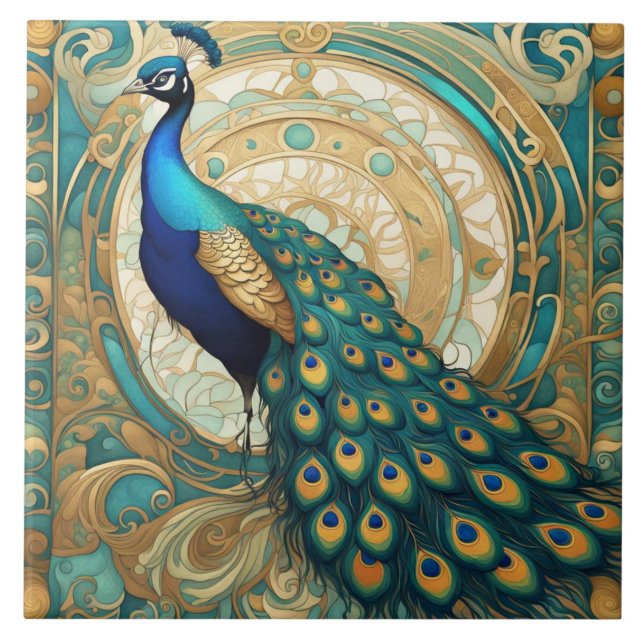 Teal Guld Peacock Bird Art nouveau Art Deco Kakelplatta (Framsidan)