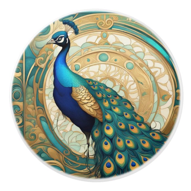 Teal Guld Peacock Bird Art nouveau Art Deco Knopp (Framsidan)