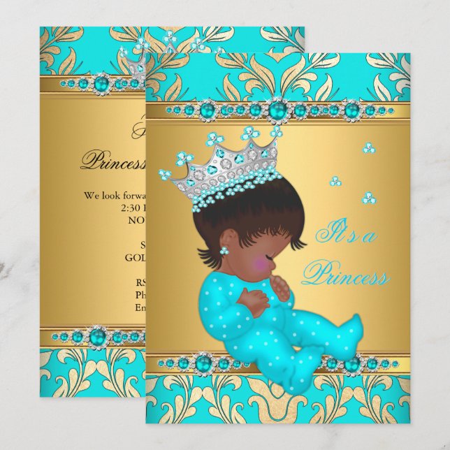 Teal Guld Pearl Princess Baby Shower Ethnic Inbjudningar (Fram/baksida)