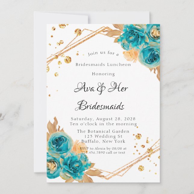 Teal Guld Peony Geometric Bridesmaids Luncheon Inbjudningar (Framsida)