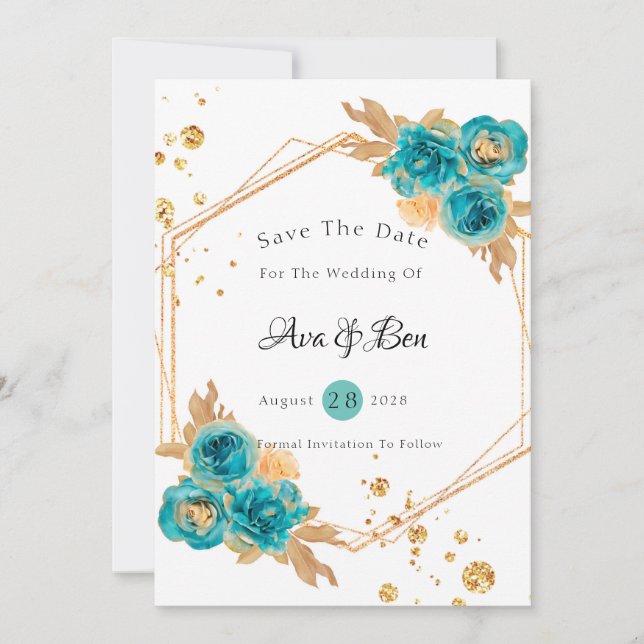 Teal Guld Peony Geometric Save Date Card Inbjudningar (Framsida)