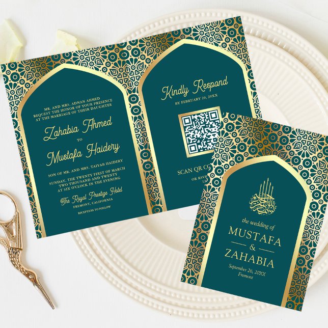 Teal Guld Persian Arch QR-kod Muslim Bröllop Inbjudan (Skapare uppladdad)