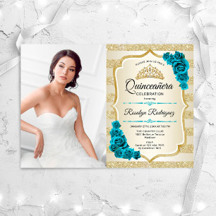 Teal Guld Photo Elegant Quinceanera Inbjudningar