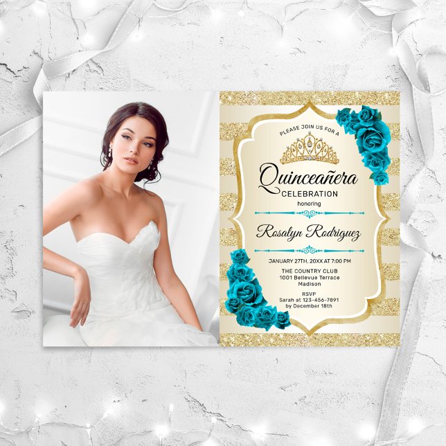Teal Guld Photo Elegant Quinceanera Inbjudningar (Skapare uppladdad)