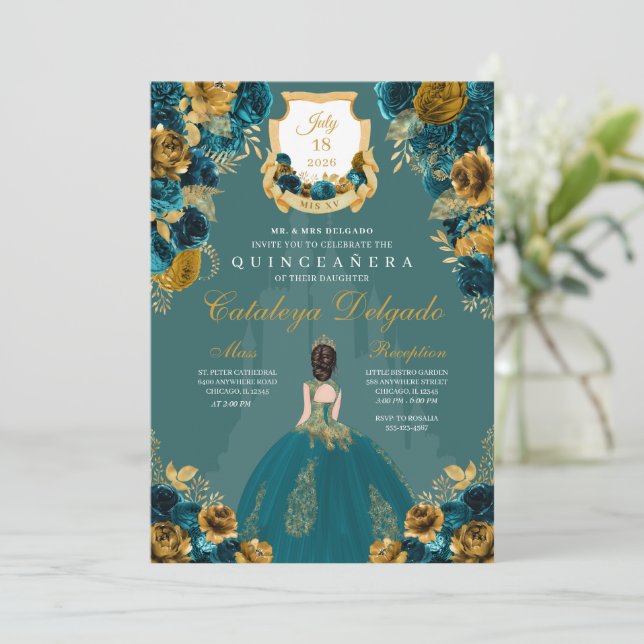 Teal & Guld Princess Castle Quinceañera Inbjudningar (Stående Fram)