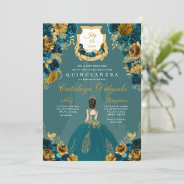 Teal & Guld Princess Castle Quinceañera Inbjudningar