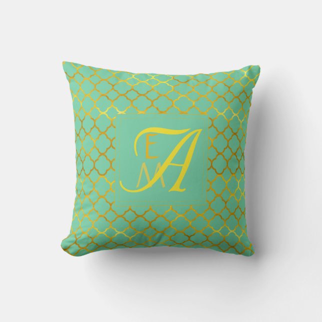 Teal Guld Quatrefoil MONOGRAM Newlyweds Bröllop Kudde (Framsida)