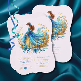 Teal Guld Quinceanera Dress Ceremony Reception Inbjudningar