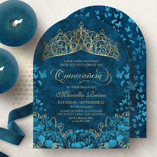 Teal Guld Royal Crown Blommig Quinceanera Inbjudan