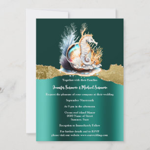 Teal guld seahorse shimmer iridescent nautisk sjöf inbjudningar