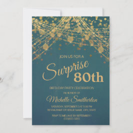 Teal Guld String Ljus Surprise 80 Birthday Inbjudningar