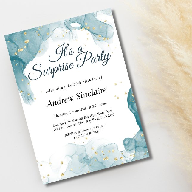 Teal & Guld Surprise Födelsedagsfest inbjudan (Skapare uppladdad)