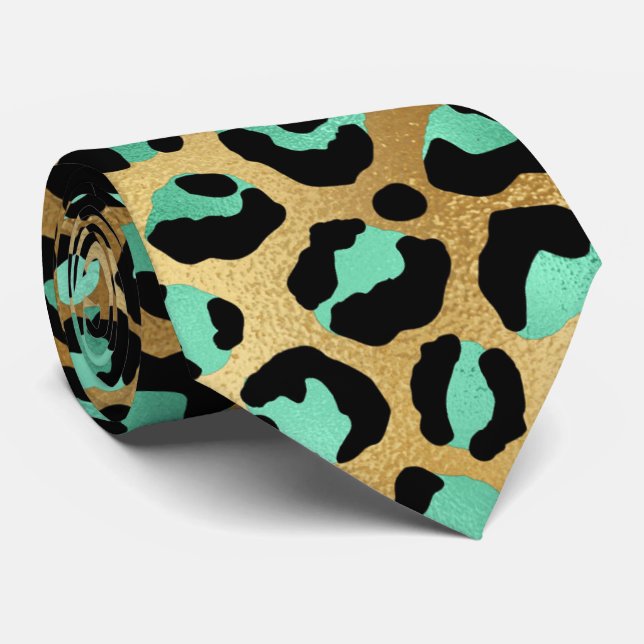Teal guld svartleopard elegant av djurskinn slips (Rullad)