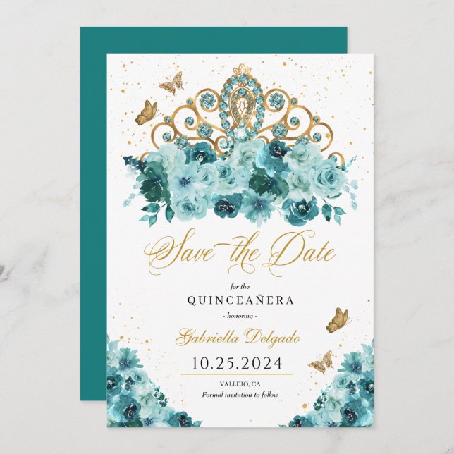 Teal & Guld Tiara Spara datumet Quinceañera Inbjudningar (Fram/baksida)