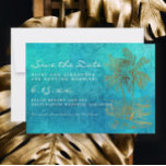 Teal Guld Tropical Handflatan Spara vår Datum Bröl Spara Datumet<br><div class="desc">Beach eller tropisk destinationsbröllop Spara våra datumkort med ett mousserande guld handflatan träd på en grym stil-teal bakgrund. Anpassa med din egen text. Kontakta oss om du behöver hjälp med anpassning eller om du vill begära matchande produkter.</div>