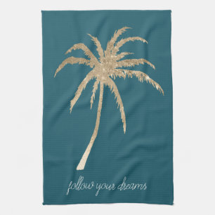 Teal Guld Tropical Handflatan Träd Kökshandduk