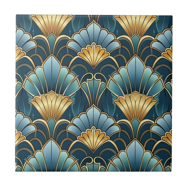 Teal guld vintage art deco mönster kakelplatta (Framsidan)