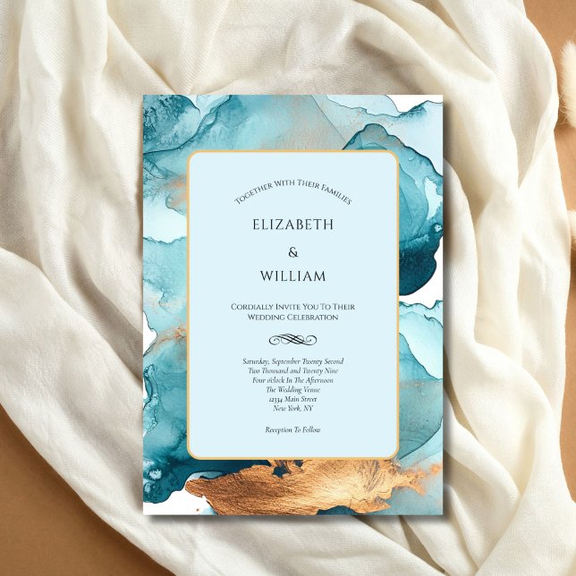 Teal Guld Watercolor Alcohol Bläck Modern Bröllop Inbjudningar (Teal Blue Gold Watercolor Wash Alcohol Ink Modern Elegant Wedding Invitation. Printed or Digital )