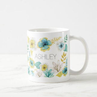 Teal Guld Watercolor Blommigt Namn Gift Mugg