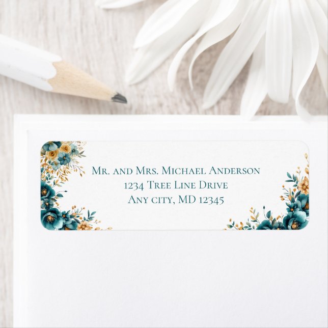 Teal Guld Watercolor Blommigt Returadress Returadress Etikett (Insitu)