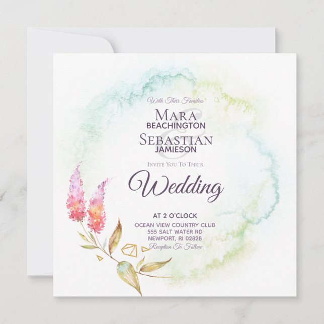 ~ Teal Guld Watercolor Elegant Blommigt Bröllop Inbjudningar (Framsida)