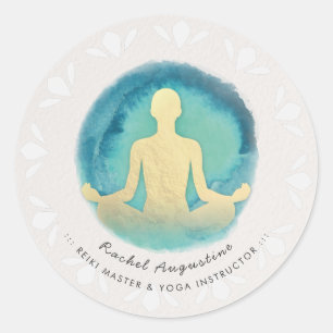 Teal Guld Watercolor YOGA Meditation Instructor Runt Klistermärke