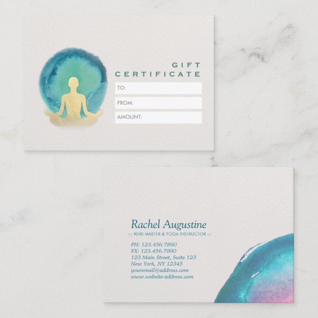 Teal Guld Watercolor YOGA Studio Gift Certificate Rabattkort (Fram/baksida)