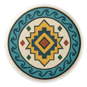 Teal Guld Wave Diamond Zapotec Ceramic Knob Knopp
